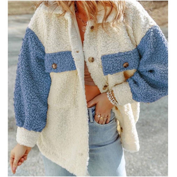 Cozy color Block Button down Pockets Oversized Jacket Shacket - Picture 6 of 6